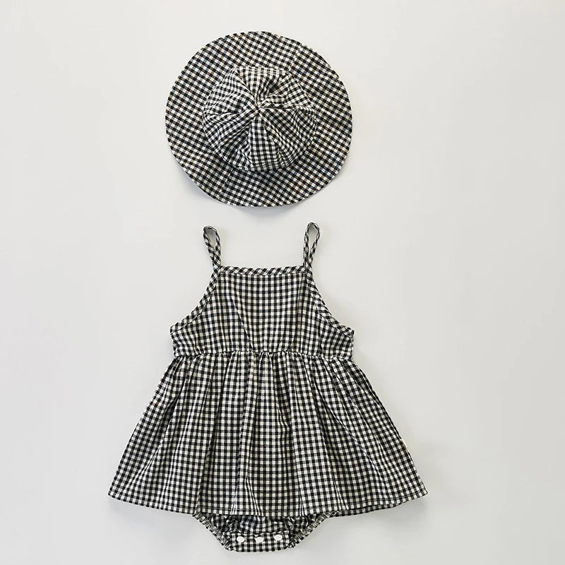 Jumpsuit+Hat Sleeveless Cotton Plaid Romper