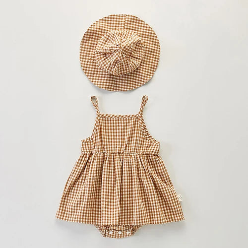 Jumpsuit+Hat Sleeveless Cotton Plaid Romper