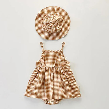 Jumpsuit+Hat Sleeveless Cotton Plaid Romper
