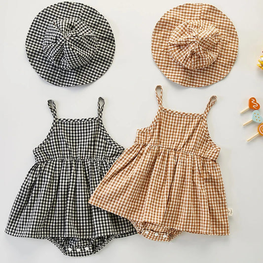 Jumpsuit+Hat Sleeveless Cotton Plaid Romper