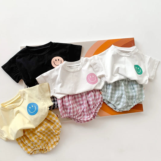 Smiley Face T-shirt + Plaid Bloomers Set