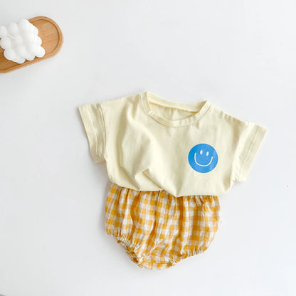 Smiley Face T-shirt + Plaid Bloomers Set