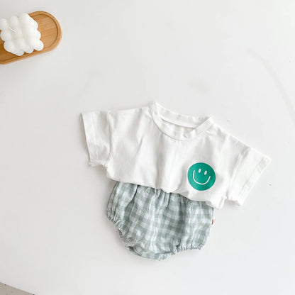 Smiley Face T-shirt + Plaid Bloomers Set