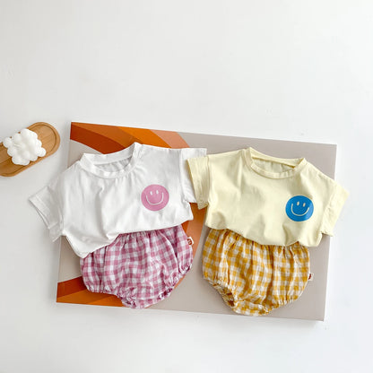 Smiley Face T-shirt + Plaid Bloomers Set