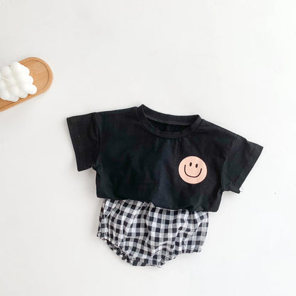 Smiley Face T-shirt + Plaid Bloomers Set