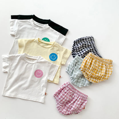 Smiley Face T-shirt + Plaid Bloomers Set