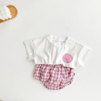 Smiley Face T-shirt + Plaid Bloomers Set